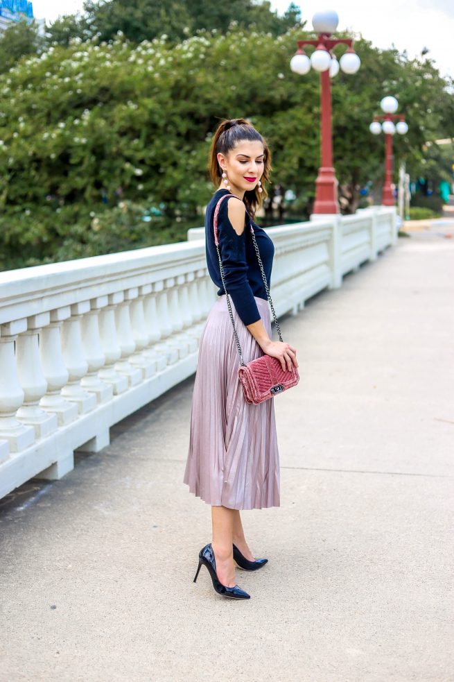 Black Cold Shoulder Sweater and Blush Pink Pleated Skirt