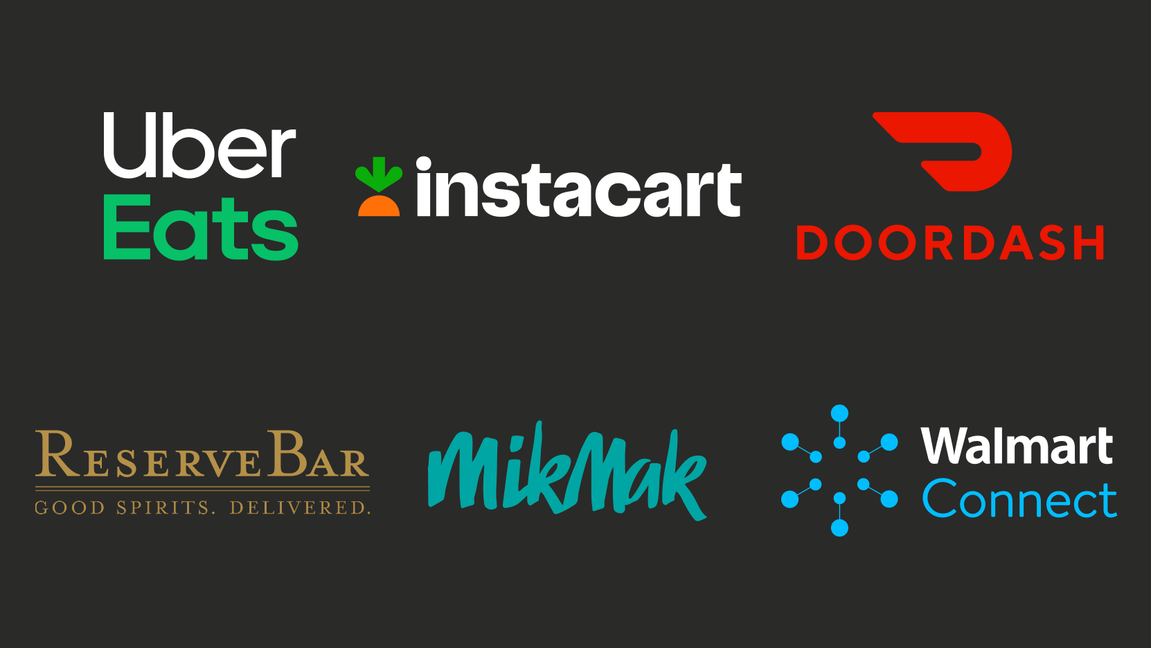 Logos of Uber Eats, Instacart, Doordash, ReserveBar, MikMak, and Walmart Connect.
