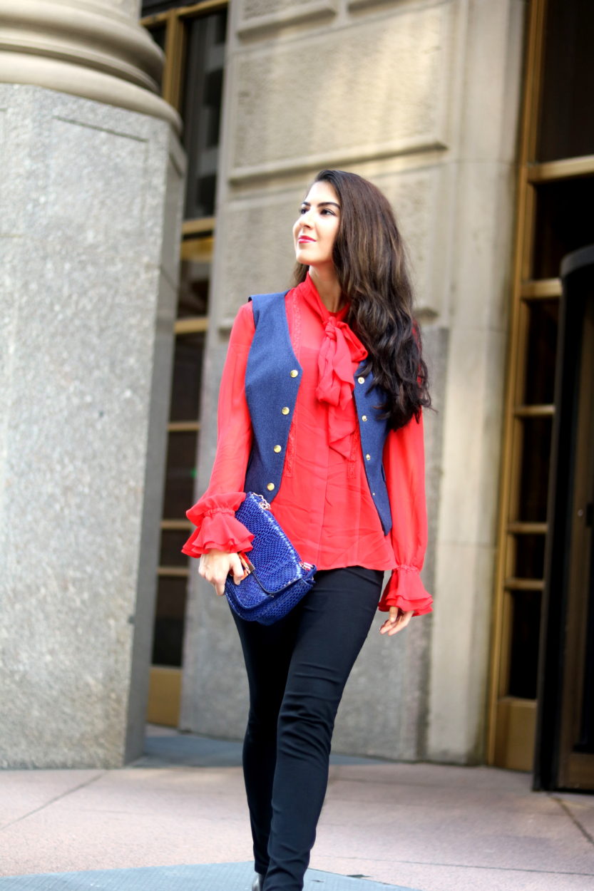 red blouse and white pants