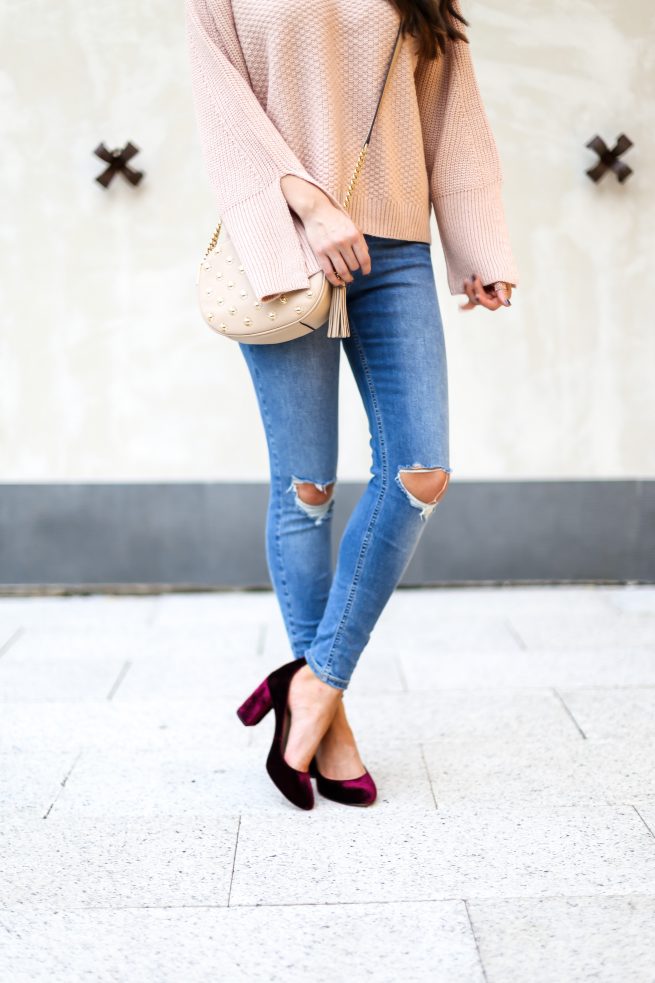 Nude Sweater with Burgundy Velvet Pumps