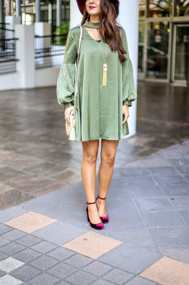 Olive Choker Dress with Bubble Sleeves