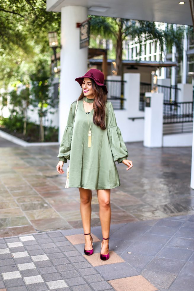 Olive Choker Neck Dress with Bubble Sleeves