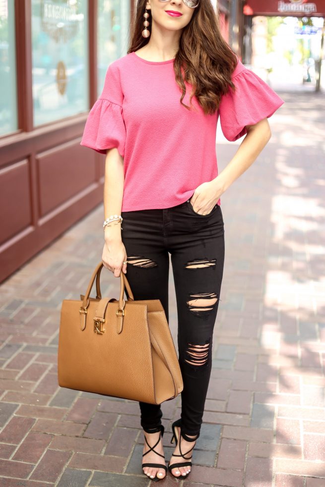 Pink Ruffle Sleeve Top and Black 