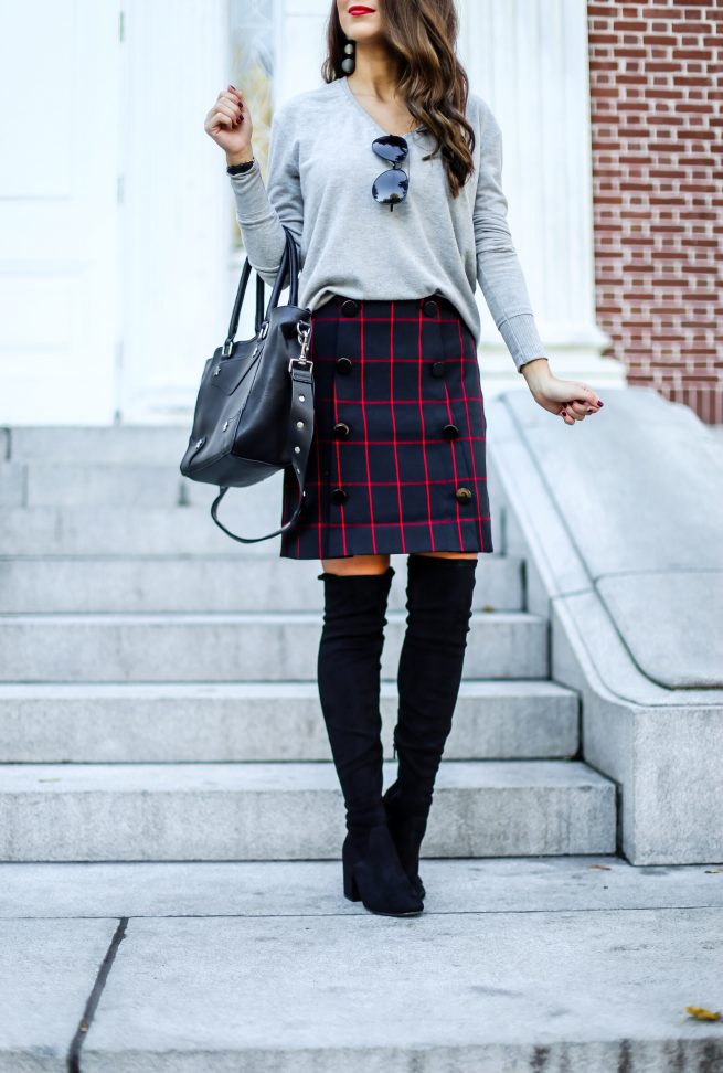 Grey Sweater and Plaid Skirt..