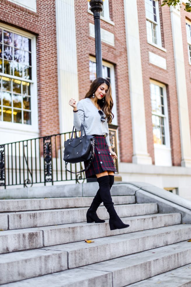 Grey V Neck Sweater with Plaid Skirt for Fall