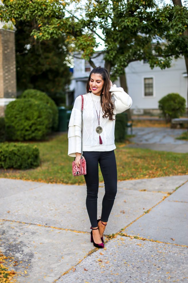 Tiered Cable Knit Sweater and Black Denim Jeans