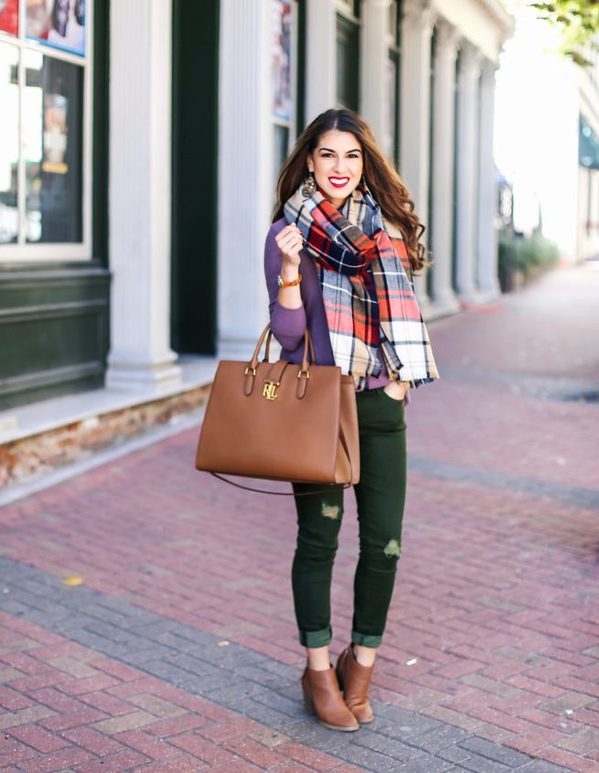 Sweater and Scarf with Olive Jeans 