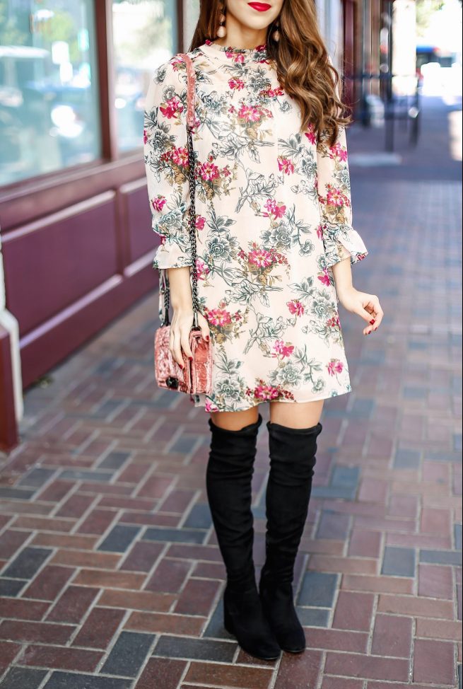 Fall Floral Dress and Over the Knee Boots
