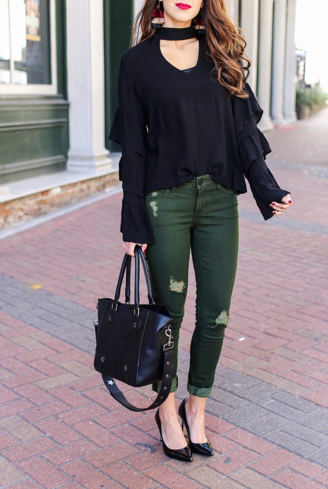 Black Ruffle Choker Top with Olive Jeans 