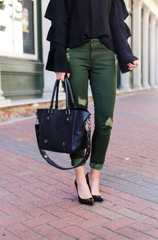 Black Ruffle Top with Olive Jeans 