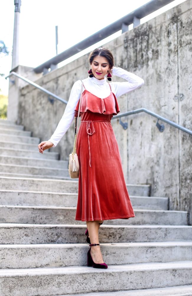 Rust Velvet Midi Dress