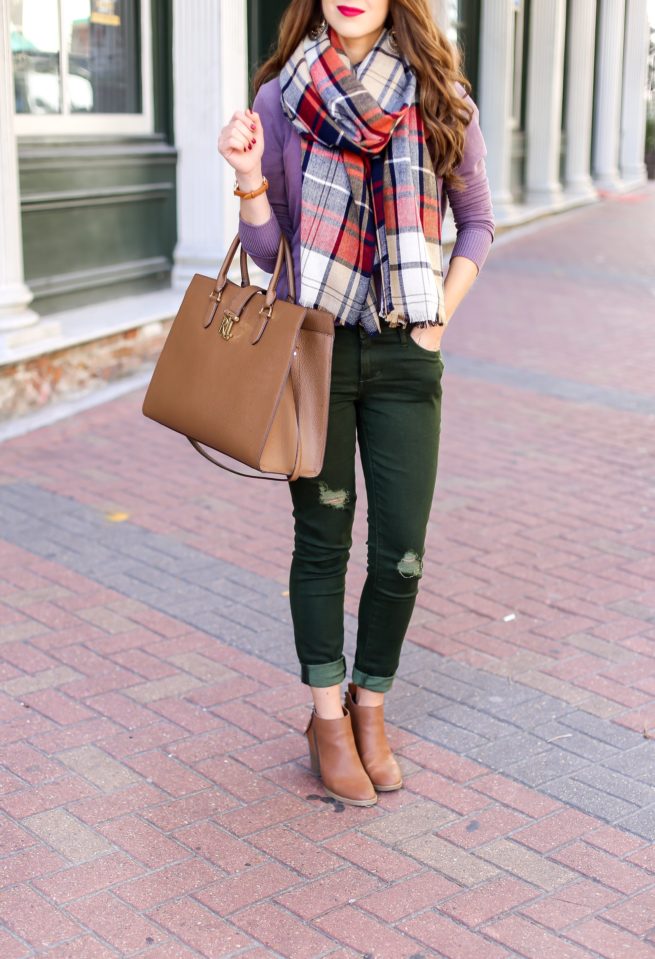 Sweater and Scarf and Olive Jeans Look