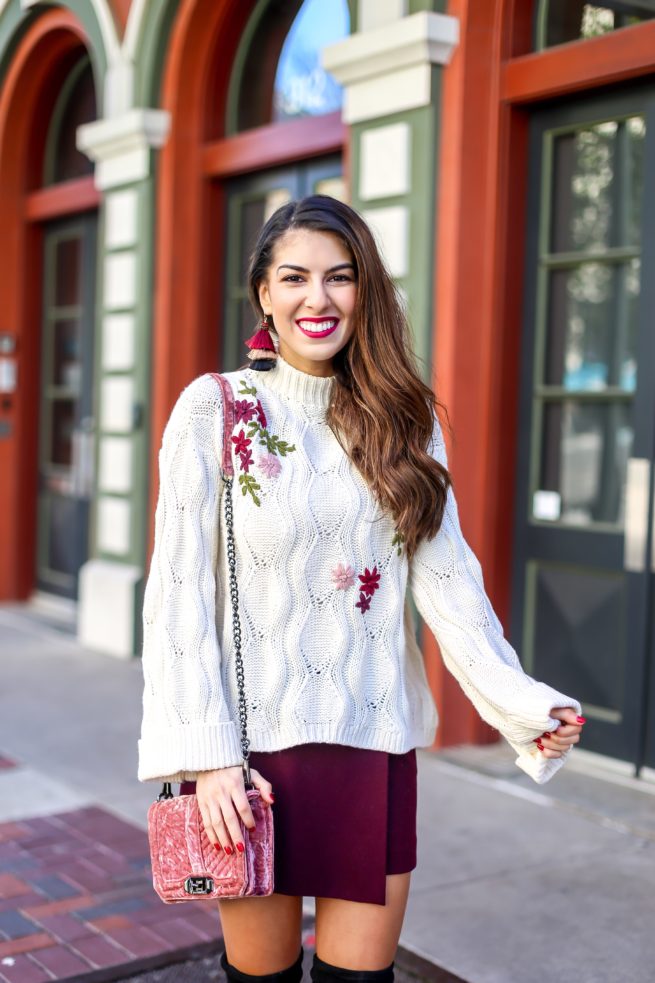 Embroidered Knit Sweater and Burgundy Skort Style