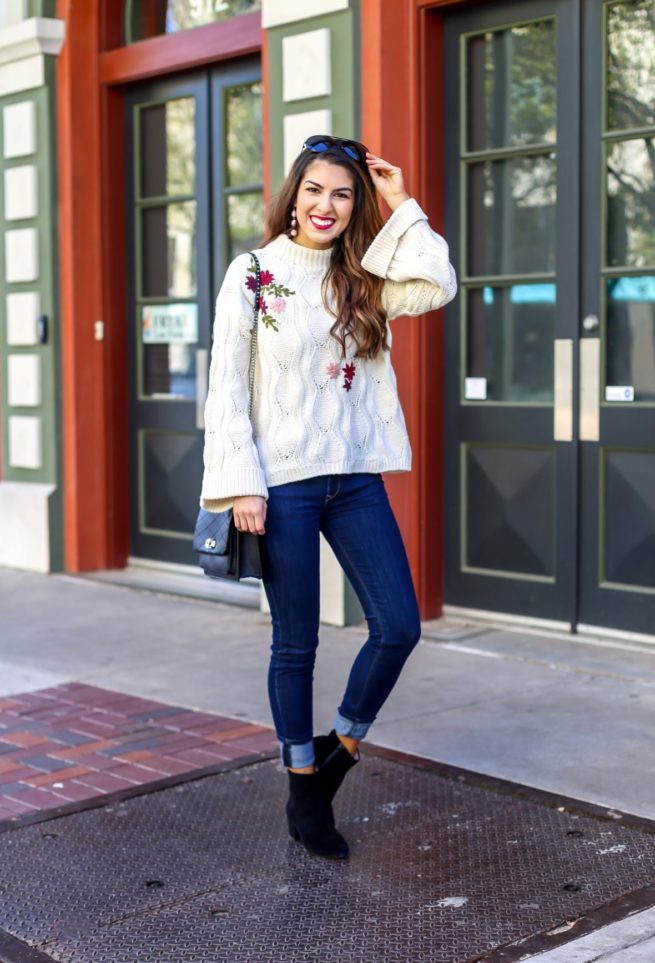 Embroidered Knit Sweater and Denim Style