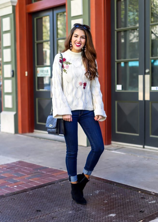 Embroidered Knit Sweater and Jeans