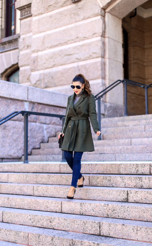 Olive Belted Trench Coat Outfit for Winter