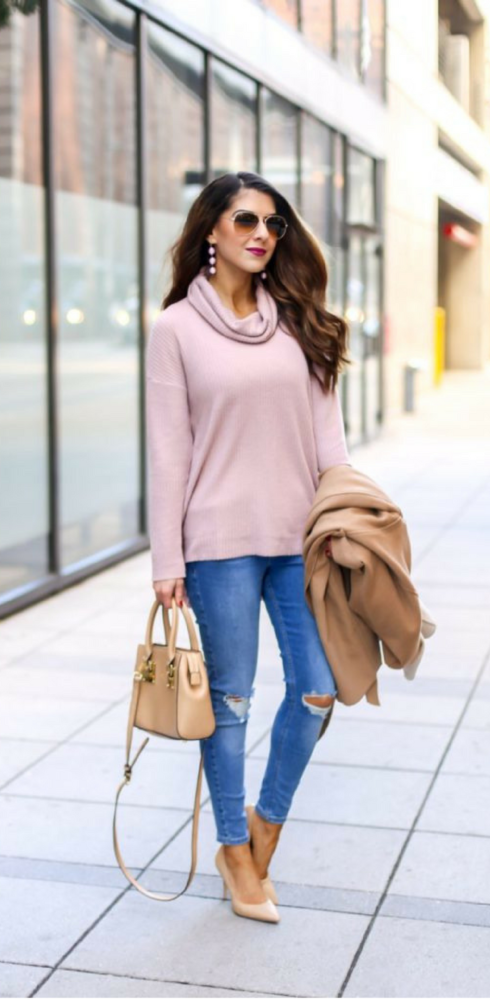 Pink Tunic with Camel Wrap Coat