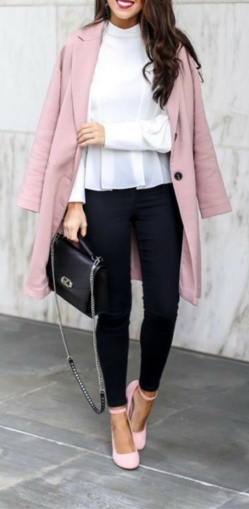 Beautiful Pink Coat and White Blouse Outfit