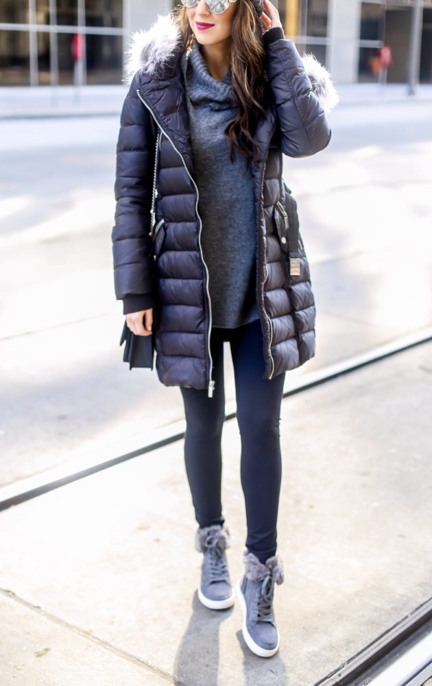 Puffer Coat and Grey Sweater