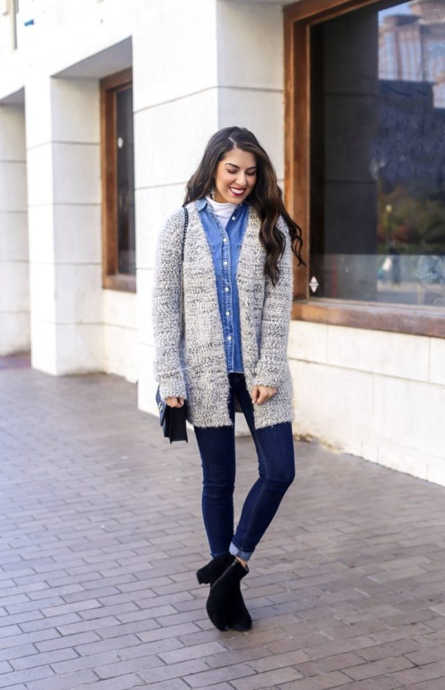 Cozy Cardigan and Denim Shirt Style