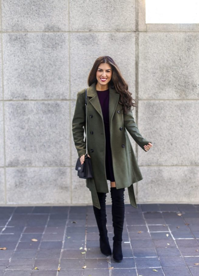 Olive Belted Trench Coat and Plum Skater Dress