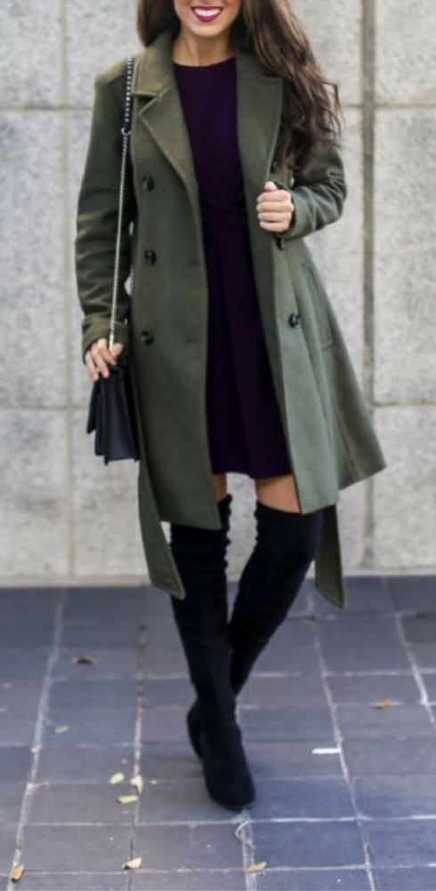 Olive Trench Coat and Plum Dress