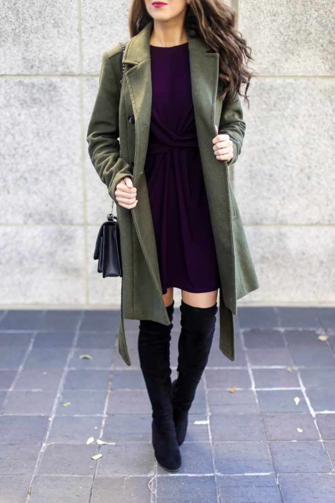 Olive Trench Coat and Plum Dress Style