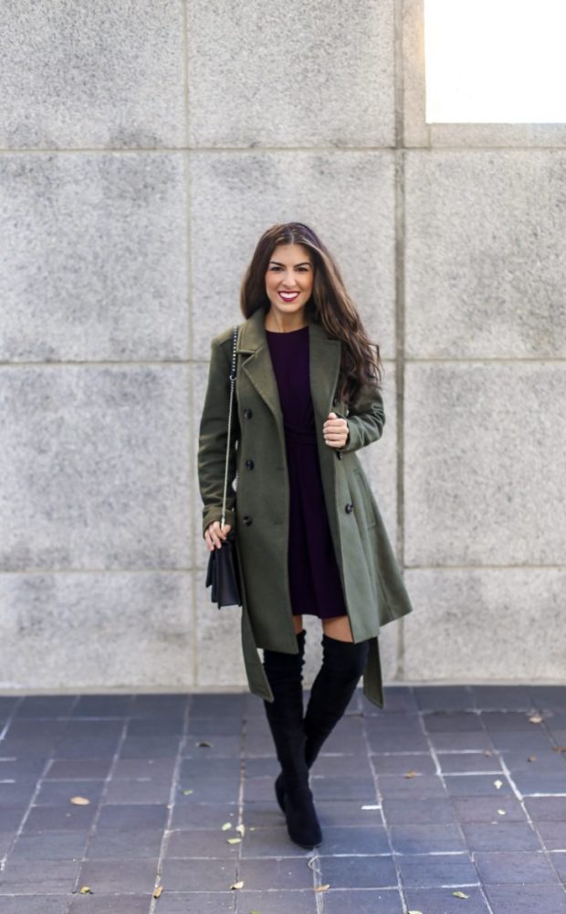 Olive Trench Coat and Plum Dress