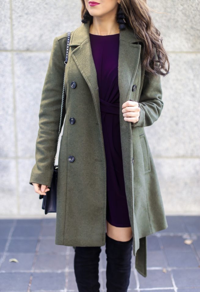 Olive Trench Coat and Plum Skater Dress