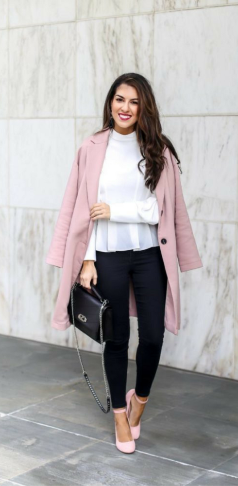 Pink Trench Coat and Classic White Blouse
