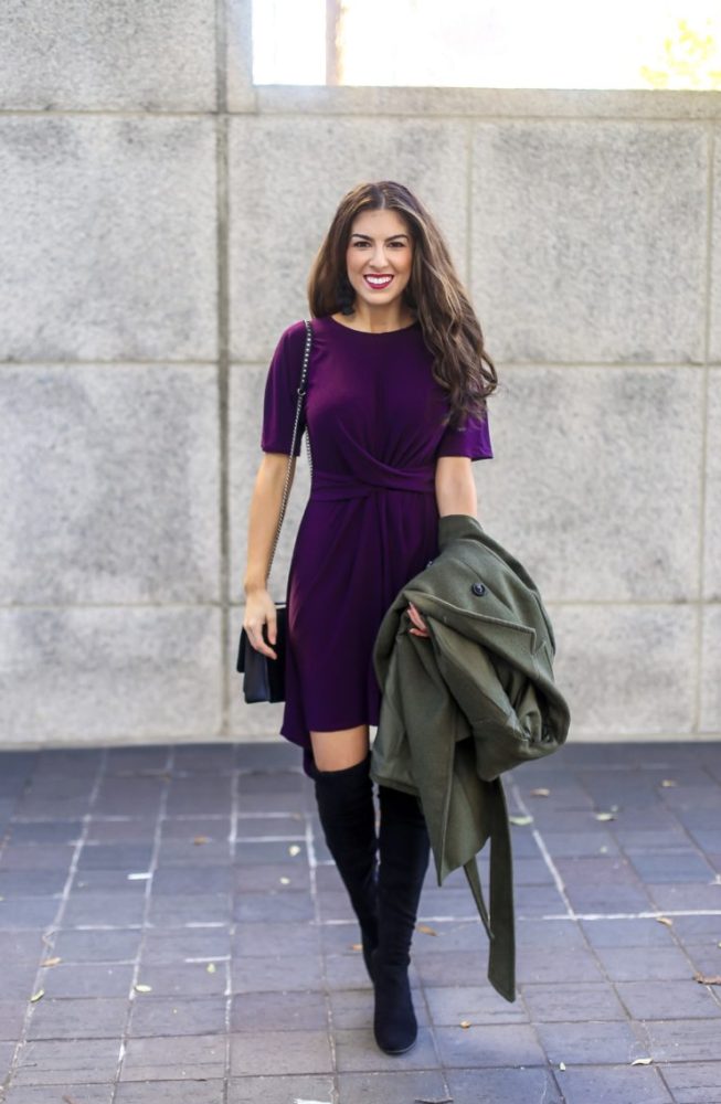 Plum Skater Dress and Over the Knee Boots for Winter