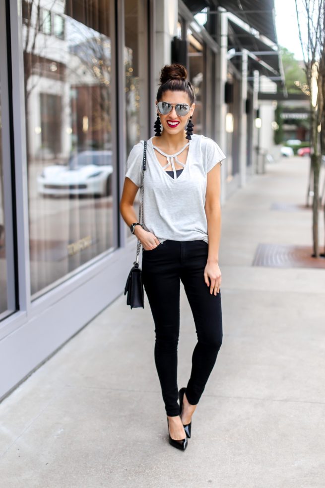Classic Grey Strappy Tee and Black Denim Jeans