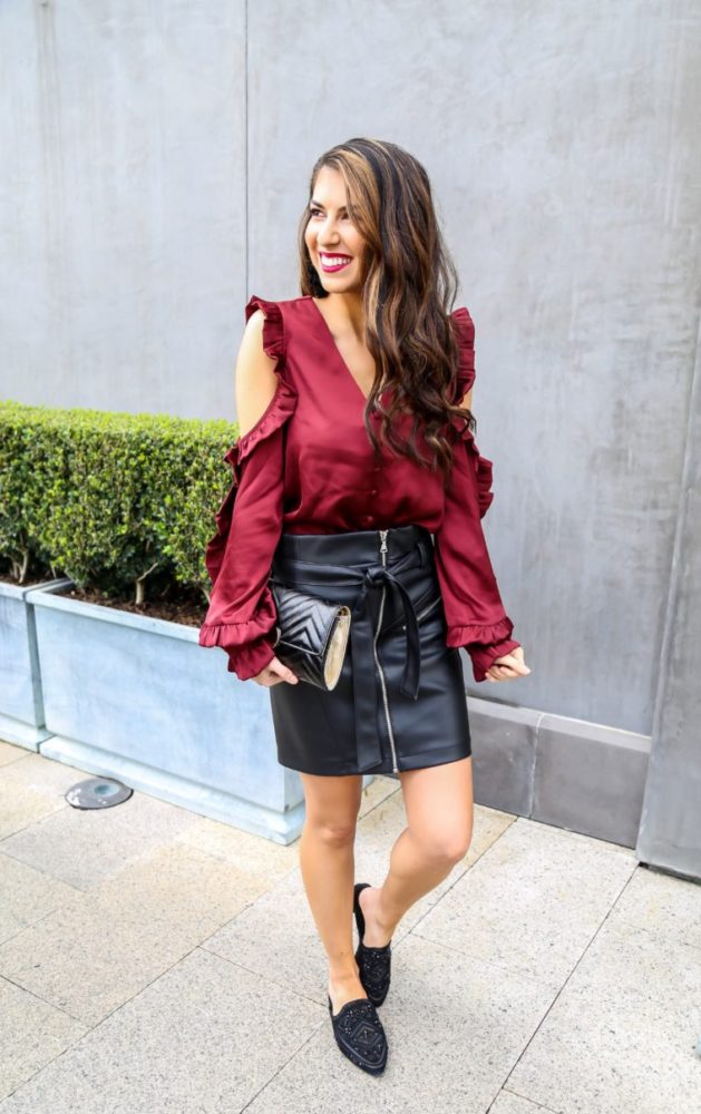 Gorgeous Cold Shoulder Ruffle Blouse and Leather Skirt