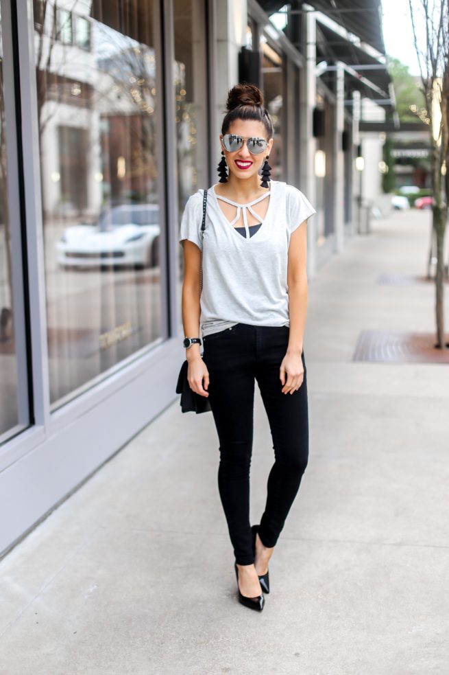 Grey Strappy Tee and Black Denim Jeans