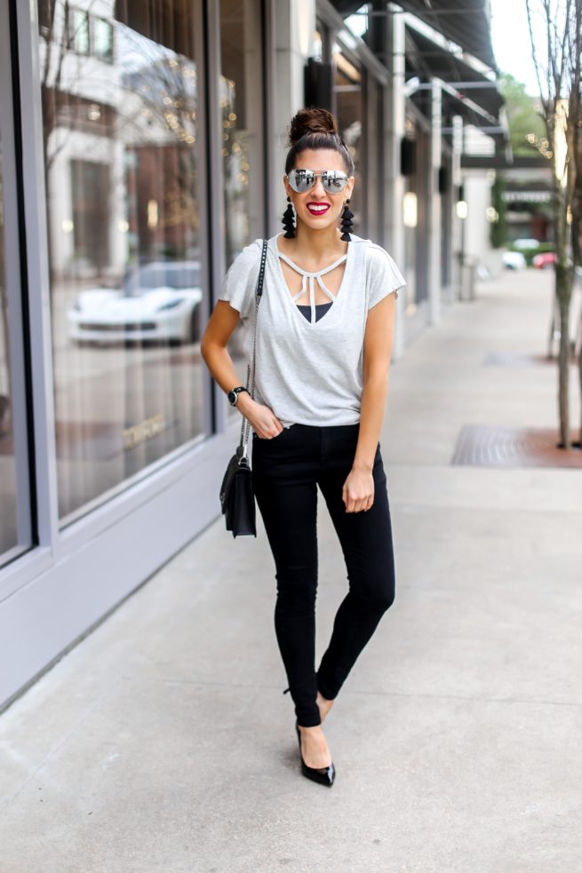 Grey Strappy Tee and Denim Style