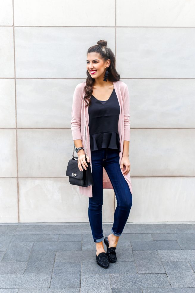 Pink Cardigan for Spring and Ruffle Hem Cami