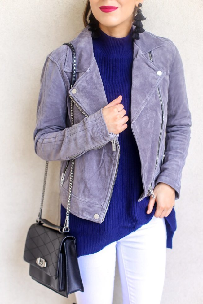 Silver Suede Jacket and Turtleneck Sweater