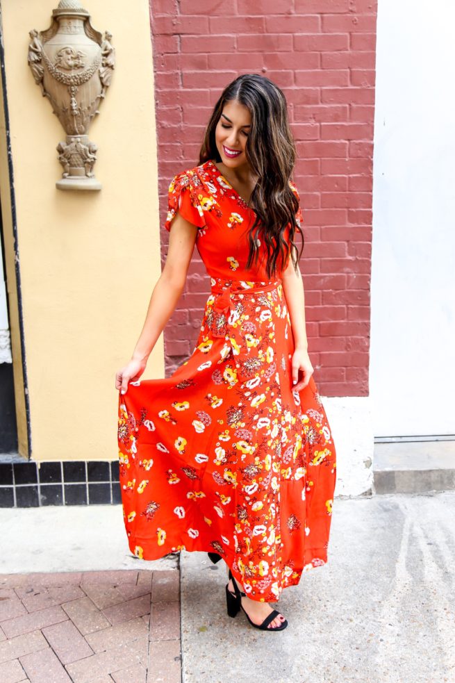 red floral wrap maxi dress