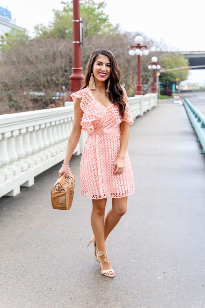 Shell Pink Crochet Lace Ruffle Dress for Spring