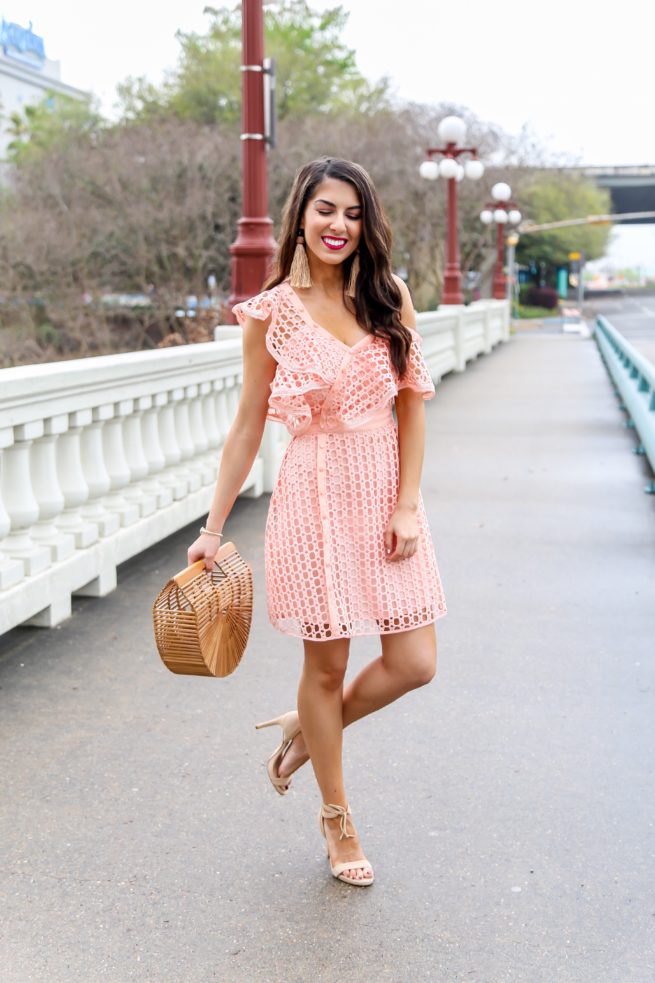 Shell Pink Crochet Lace Ruffle Dress for Spring and Summer