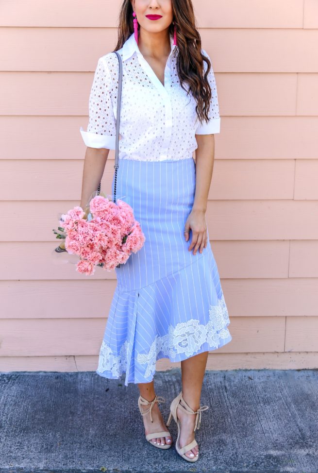 Blue Lace Pencil Skirt and White Eyelet Top