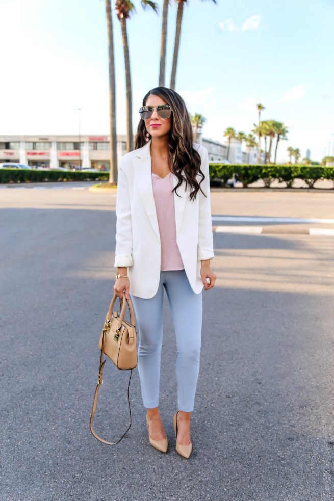 Cream Blazer and Pink Cami and Light Blue Pants for Work