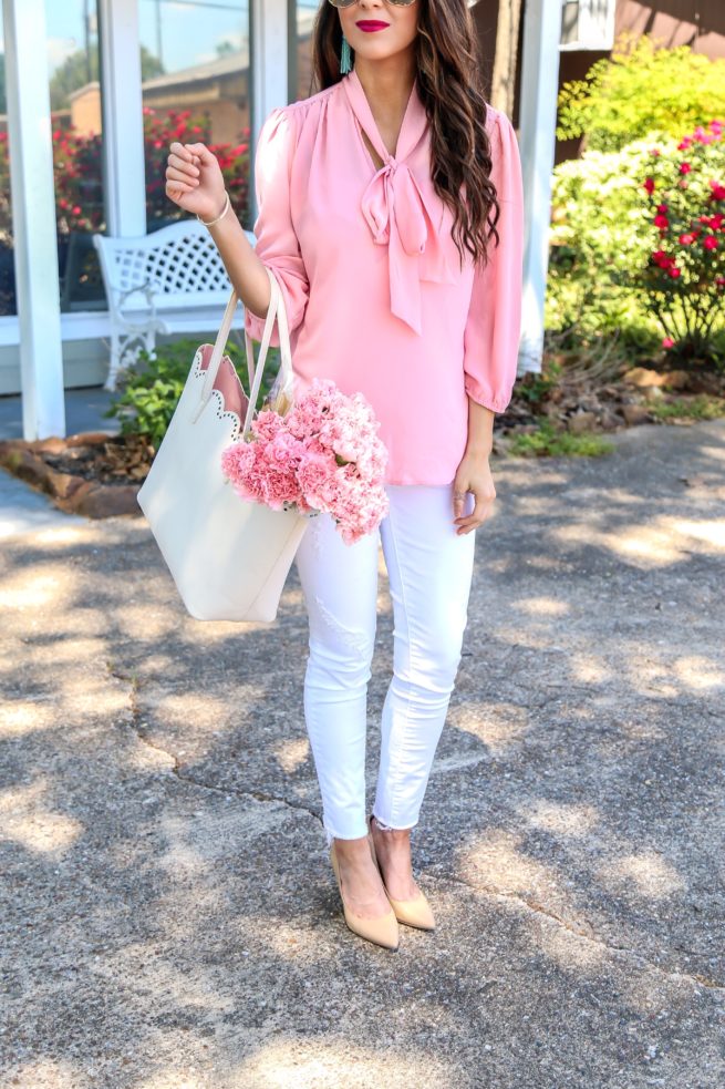 Everyday Pink Bow Tie Blouse and White Denim Jeans
