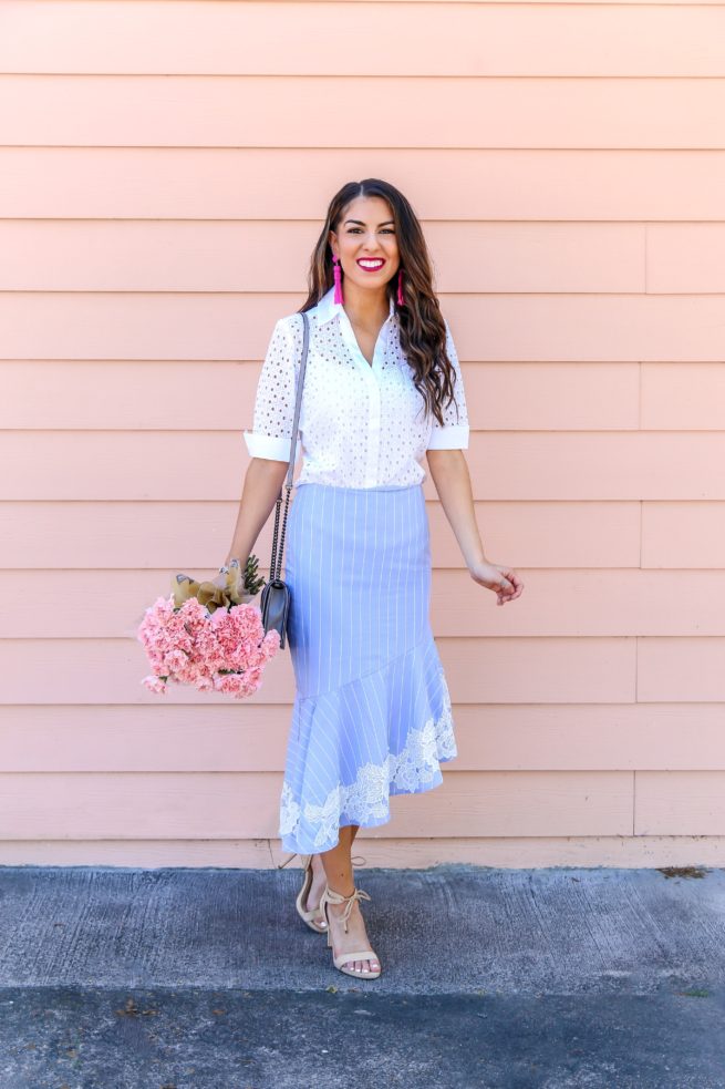 Eyelet Shirt for Spring and Lace Detail Skirt