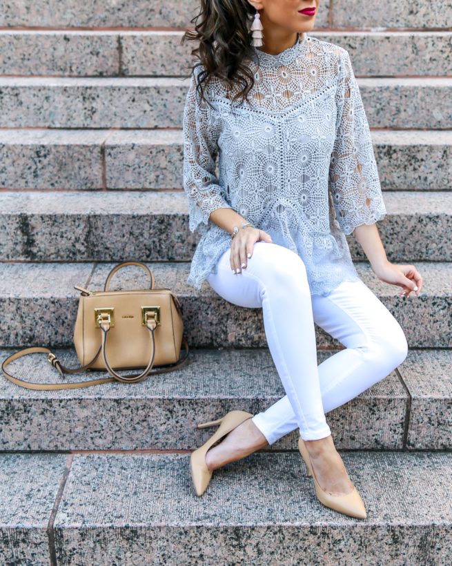 Grey Crochet Top and White Denim Jeans