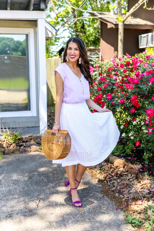 Lilac Blouse and Eyelet Midi Skirt