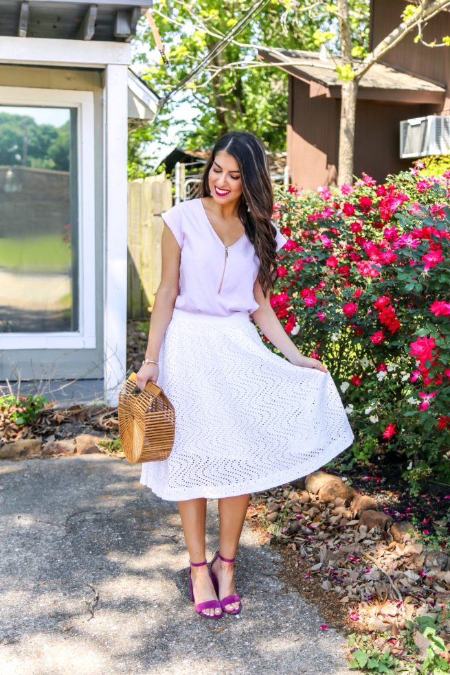 Lilac Blouse and White Midi Skirt for Spring and Summer