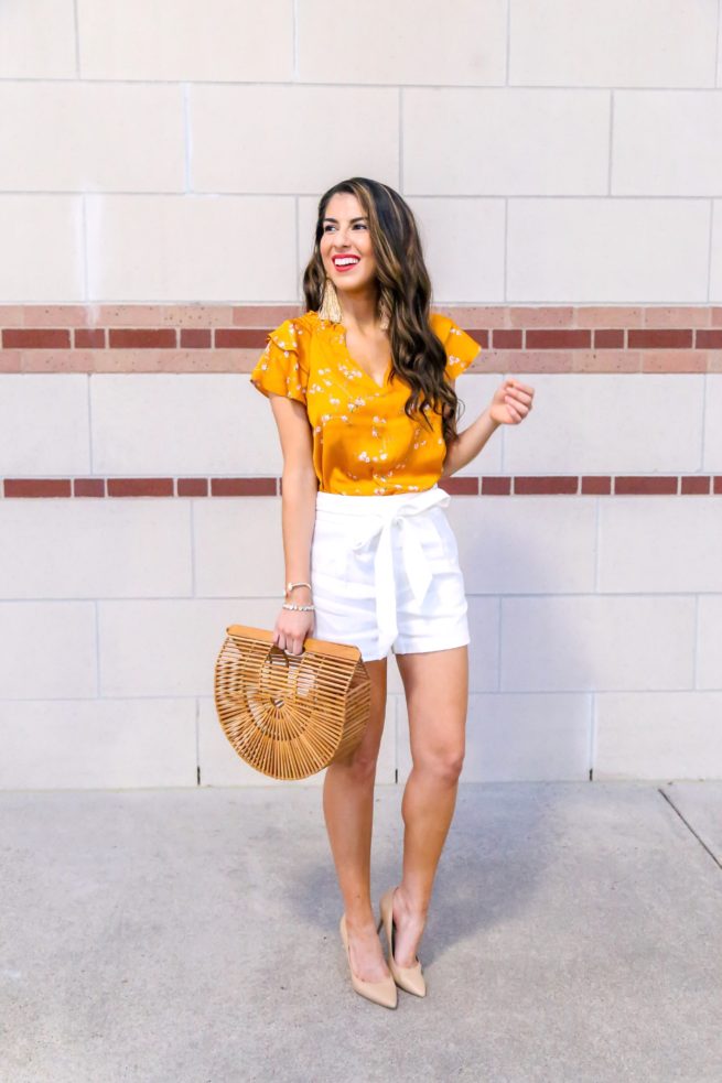 Mustard Floral Satin Blouse and White Dress Shorts