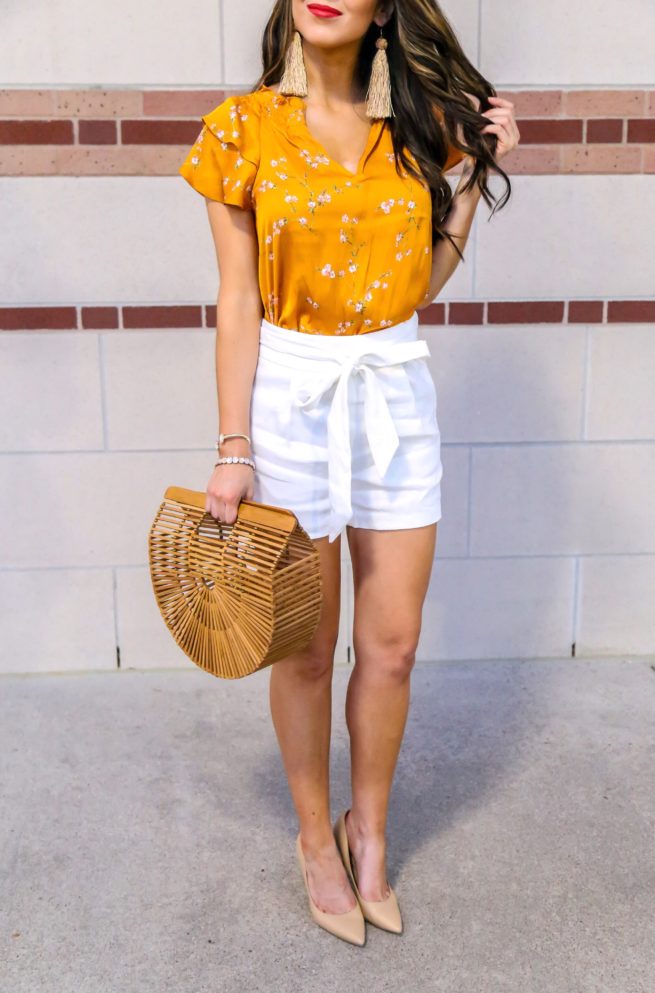Mustard Floral Satin Blouse and White Shorts for Spring and Summer