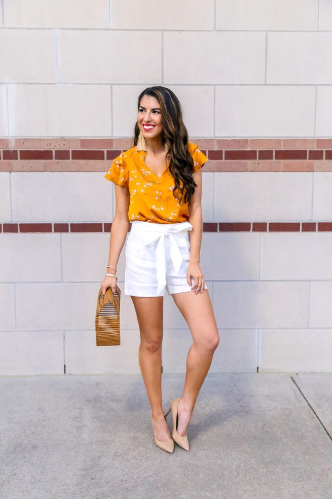 Mustard Floral Satin Blouse with White Dress Shorts